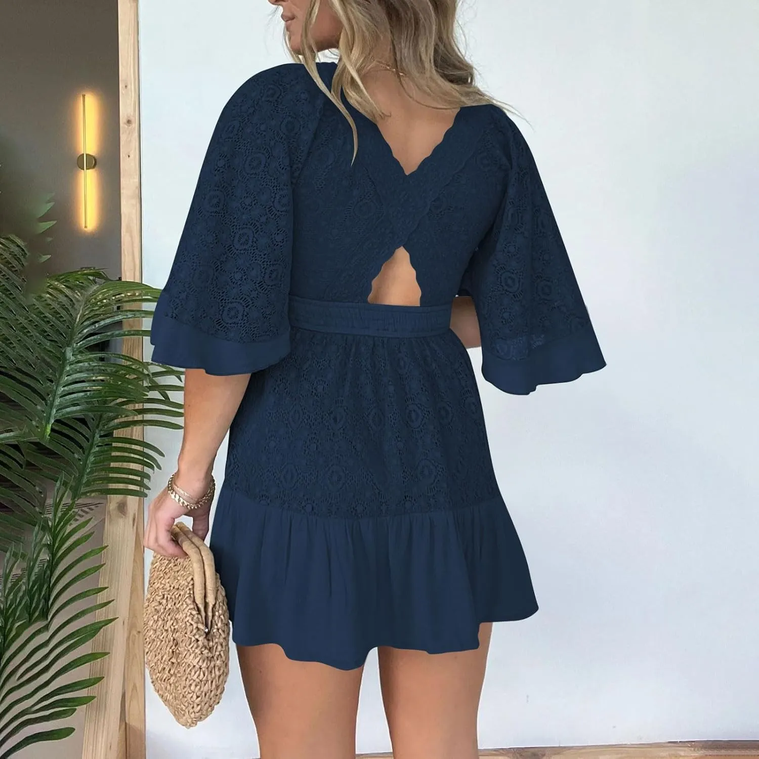 Womens Wrap V Neck Lace Dresses Summer Retro Flared Sleeves Empire Waist Mini Dress Casual Sexy Boho Beach Sundress