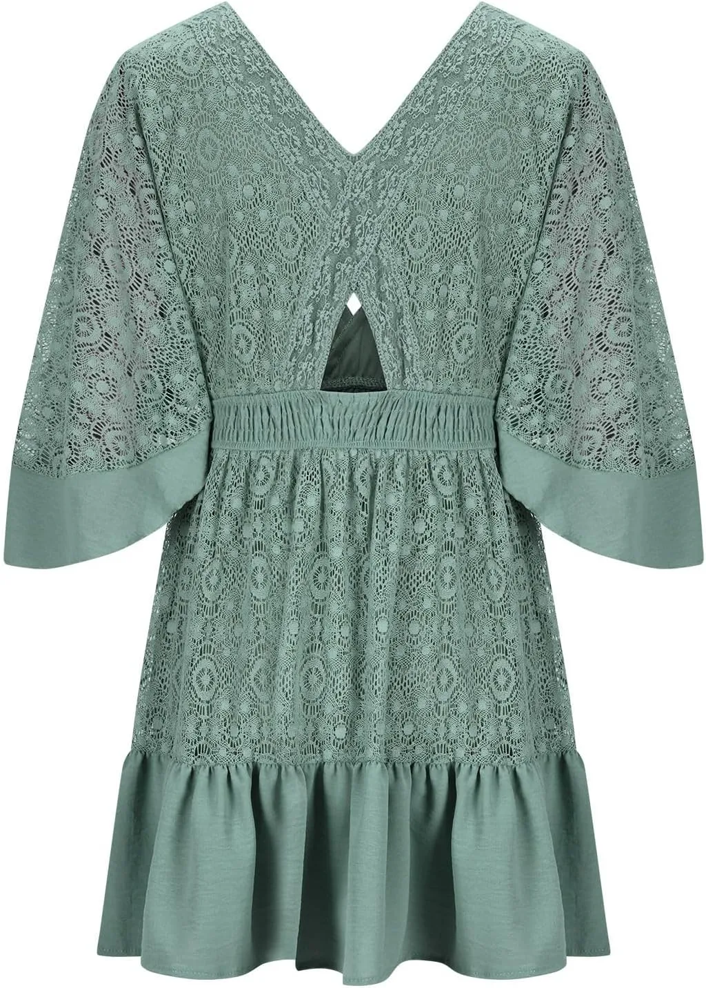Womens Wrap V Neck Lace Dresses Summer Retro Flared Sleeves Empire Waist Mini Dress Casual Sexy Boho Beach Sundress