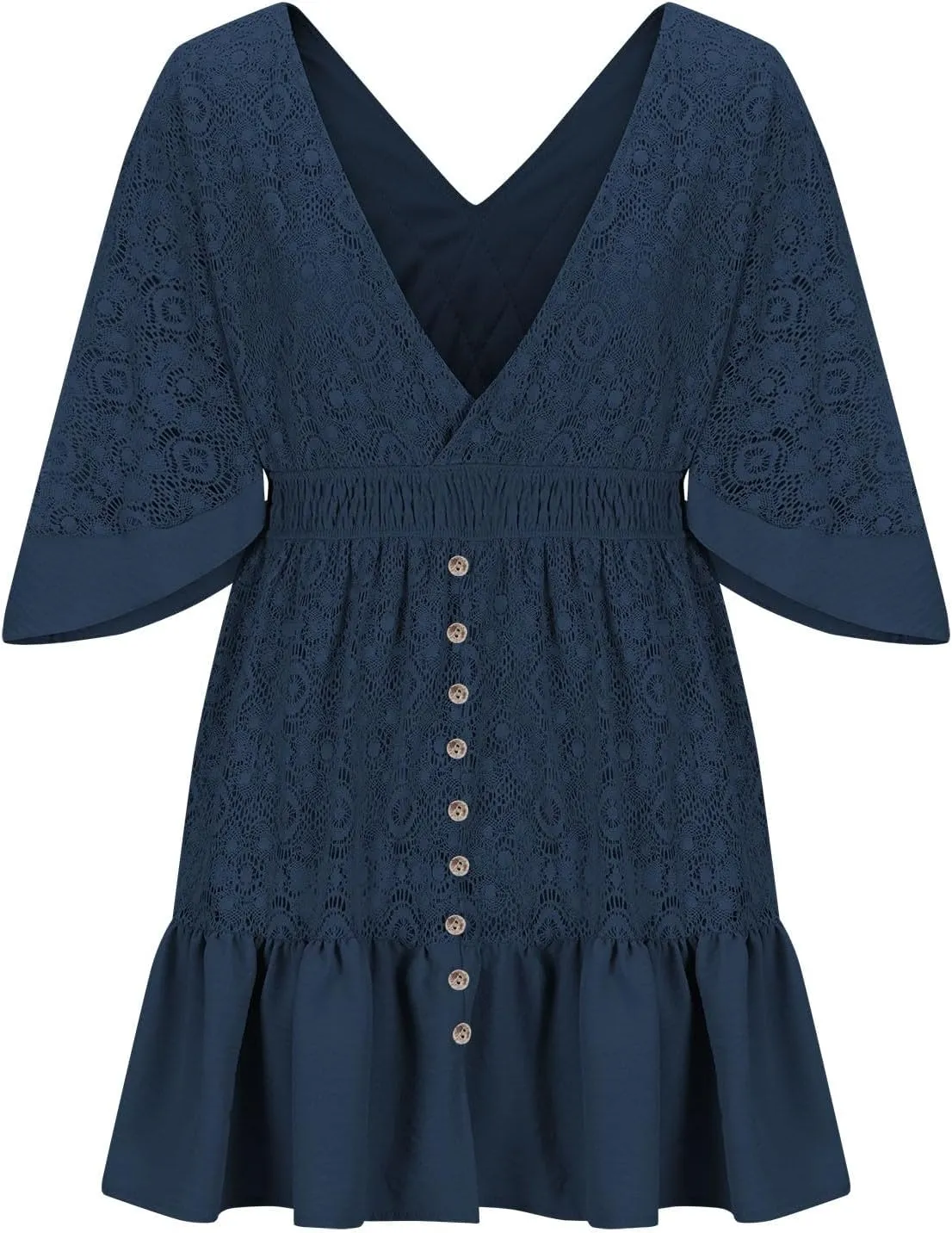 Womens Wrap V Neck Lace Dresses Summer Retro Flared Sleeves Empire Waist Mini Dress Casual Sexy Boho Beach Sundress