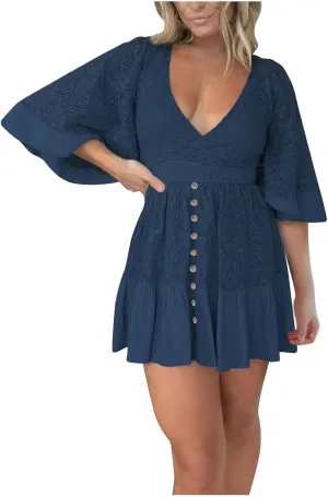 Womens Wrap V Neck Lace Dresses Summer Retro Flared Sleeves Empire Waist Mini Dress Casual Sexy Boho Beach Sundress