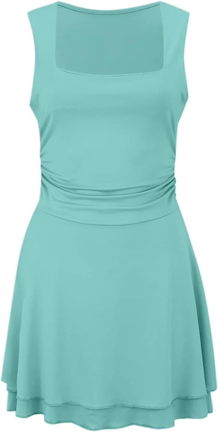 XOWRTE Women's Sexy Square Neck Mini Dress Ruffle Tight Short Bodycon Cocktail Dress Evening Dresses Party Sundress Clubwear