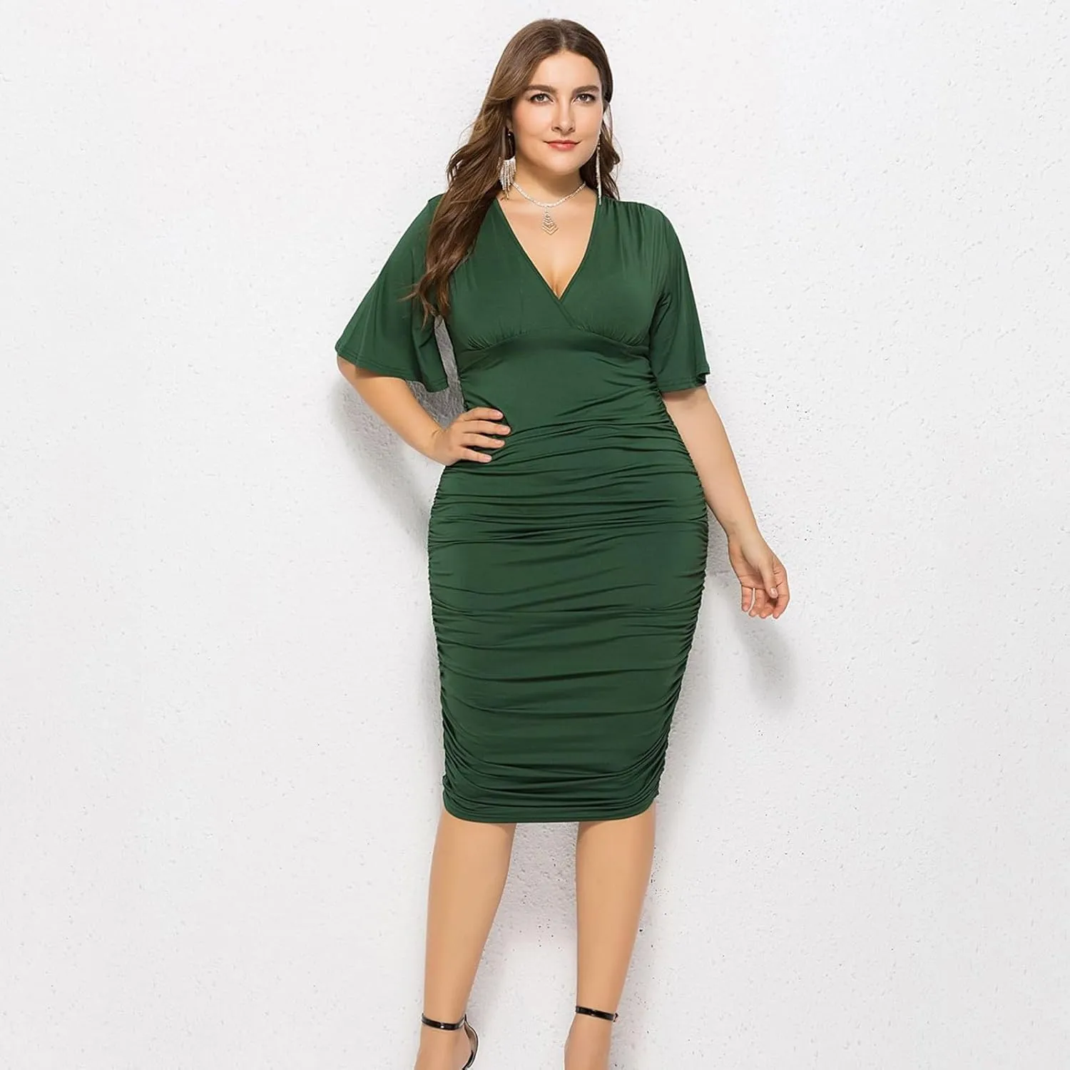 XOWRTE Womens Wrap V Neck Bodycon Dresses Plus Size Ruched Short Flare Sleeve Midi Dress Strench Formal Cocktail Dress