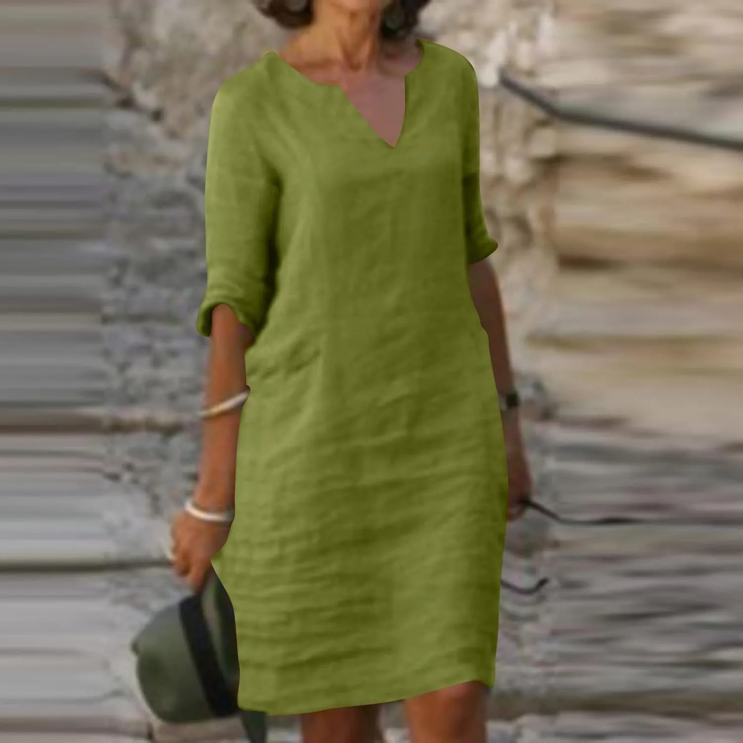 XUNRYAN Summer Linen Dresses Women 2023 Trendy Casual V Neck Half Sleeve Knee Length Dress Mature Ladies Fashion Clothing