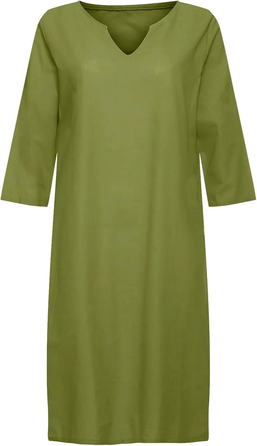 XUNRYAN Summer Linen Dresses Women 2023 Trendy Casual V Neck Half Sleeve Knee Length Dress Mature Ladies Fashion Clothing