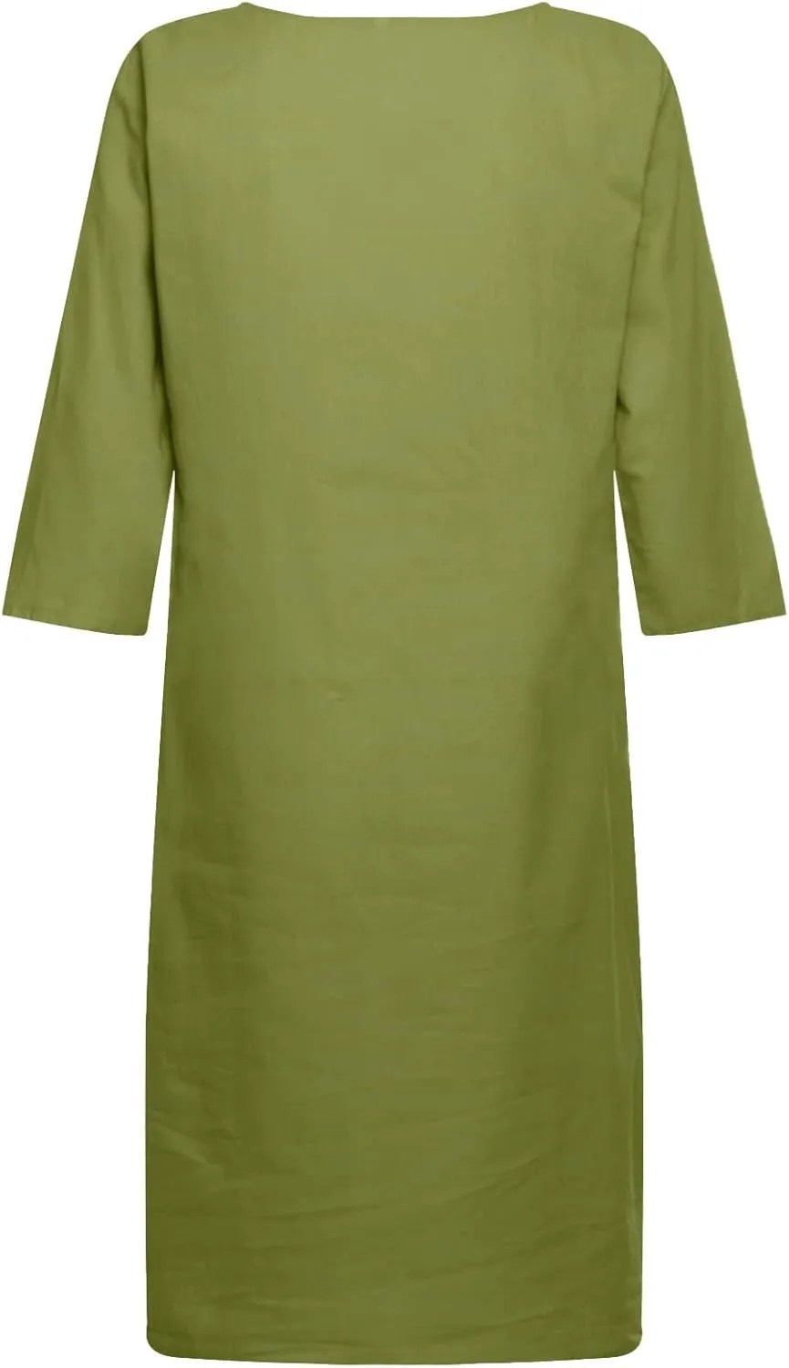 XUNRYAN Summer Linen Dresses Women 2023 Trendy Casual V Neck Half Sleeve Knee Length Dress Mature Ladies Fashion Clothing