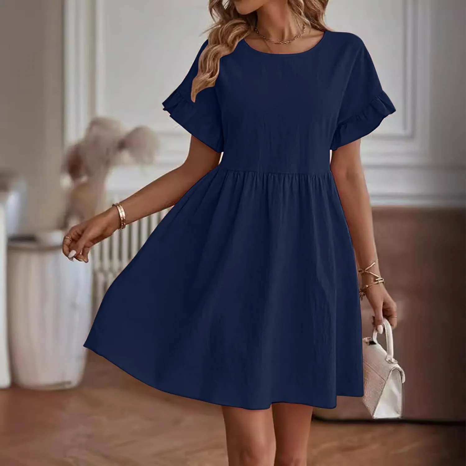 XUNRYAN Womens Casual Mini Dresses Summer Cotton Linen Dress Short Sleeve Ruffle A-line High Waist Sundress Vacation Outfit