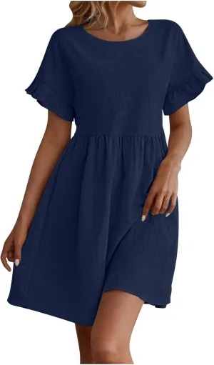 XUNRYAN Womens Casual Mini Dresses Summer Cotton Linen Dress Short Sleeve Ruffle A-line High Waist Sundress Vacation Outfit