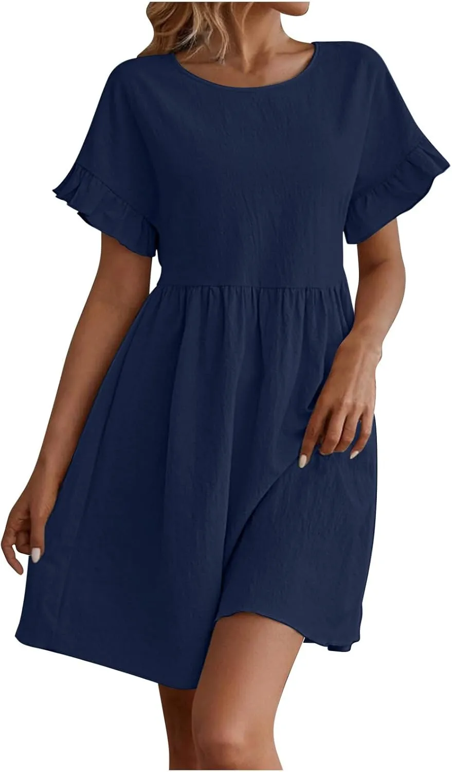 XUNRYAN Womens Casual Mini Dresses Summer Cotton Linen Dress Short Sleeve Ruffle A-line High Waist Sundress Vacation Outfit