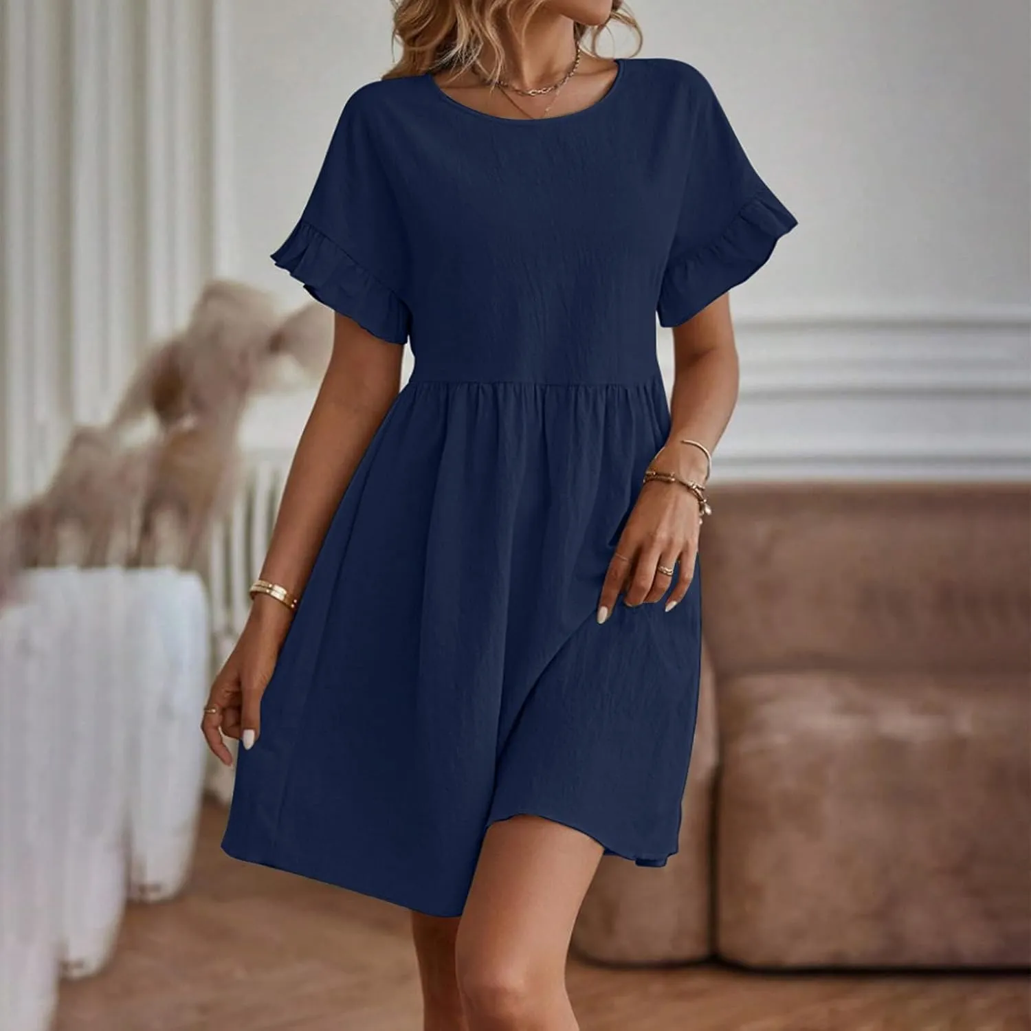 XUNRYAN Womens Casual Mini Dresses Summer Cotton Linen Dress Short Sleeve Ruffle A-line High Waist Sundress Vacation Outfit