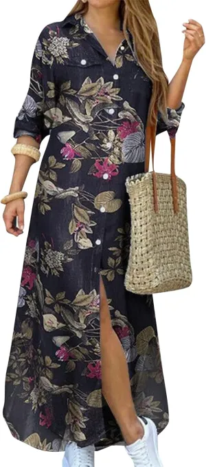 YMING Women's Long Sleeve Button Down Shirt Dress Spring Casual Maxi Dresses Loose Fit Blouse Dress with Pockets