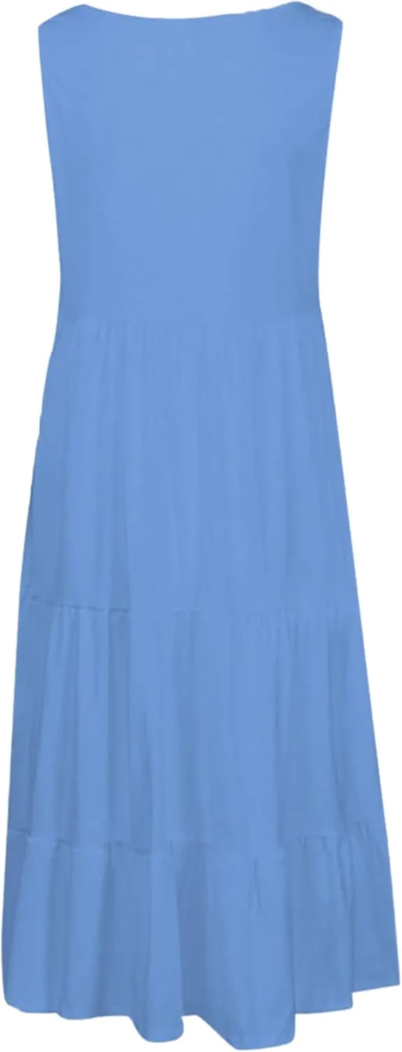 YMING Womens Sleeveless Beach Swing Dress Casual Scoop Neck Pleated Sundress Summer Ruffle Tank Dresses