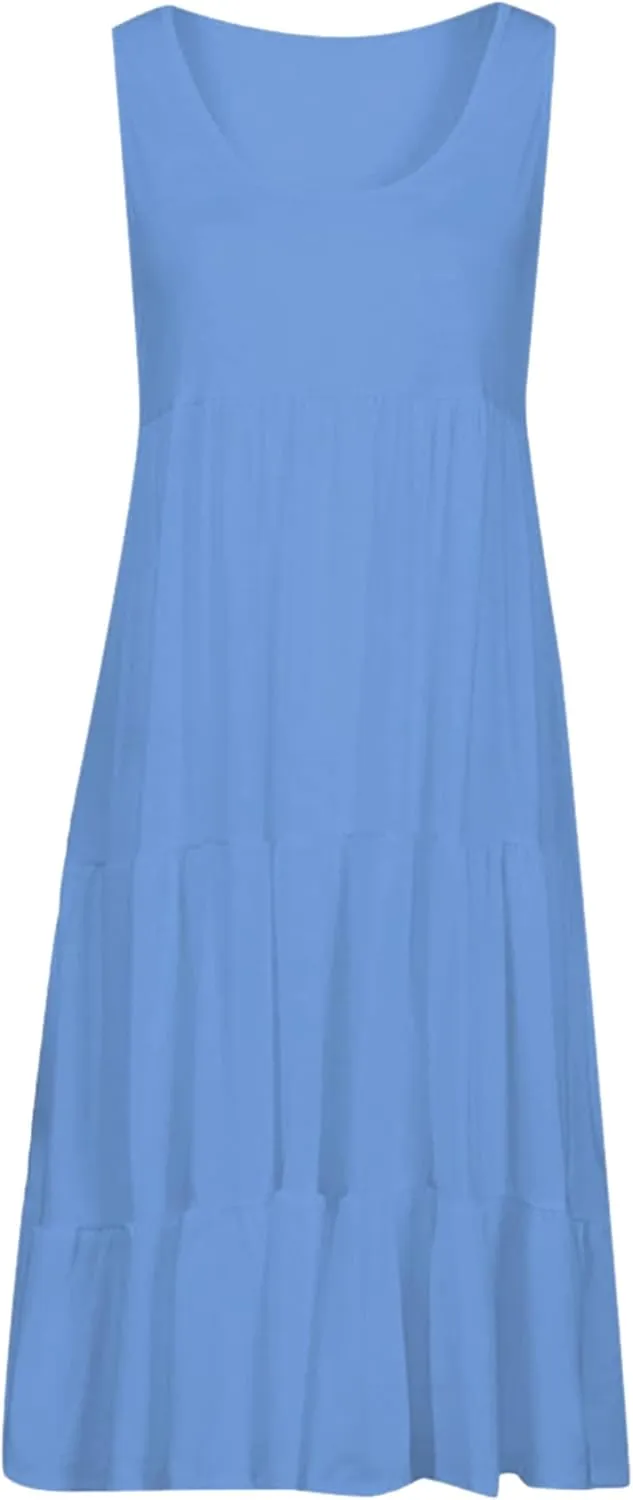 YMING Womens Sleeveless Beach Swing Dress Casual Scoop Neck Pleated Sundress Summer Ruffle Tank Dresses
