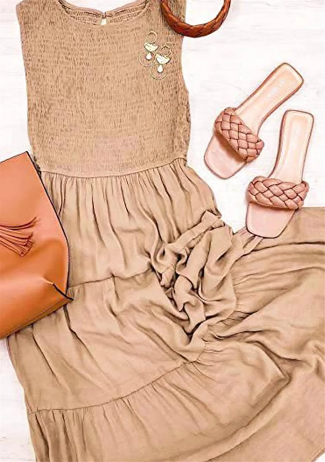 YMING Womens Summer Solid Color Swing Dress Sleeveless Smocked Sundress Beach Ruffle Tank Dresses