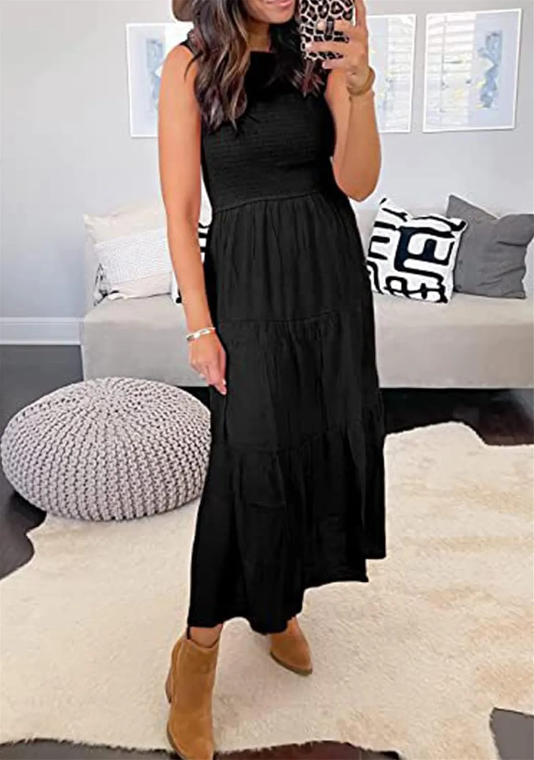 YMING Womens Summer Solid Color Swing Dress Sleeveless Smocked Sundress Beach Ruffle Tank Dresses
