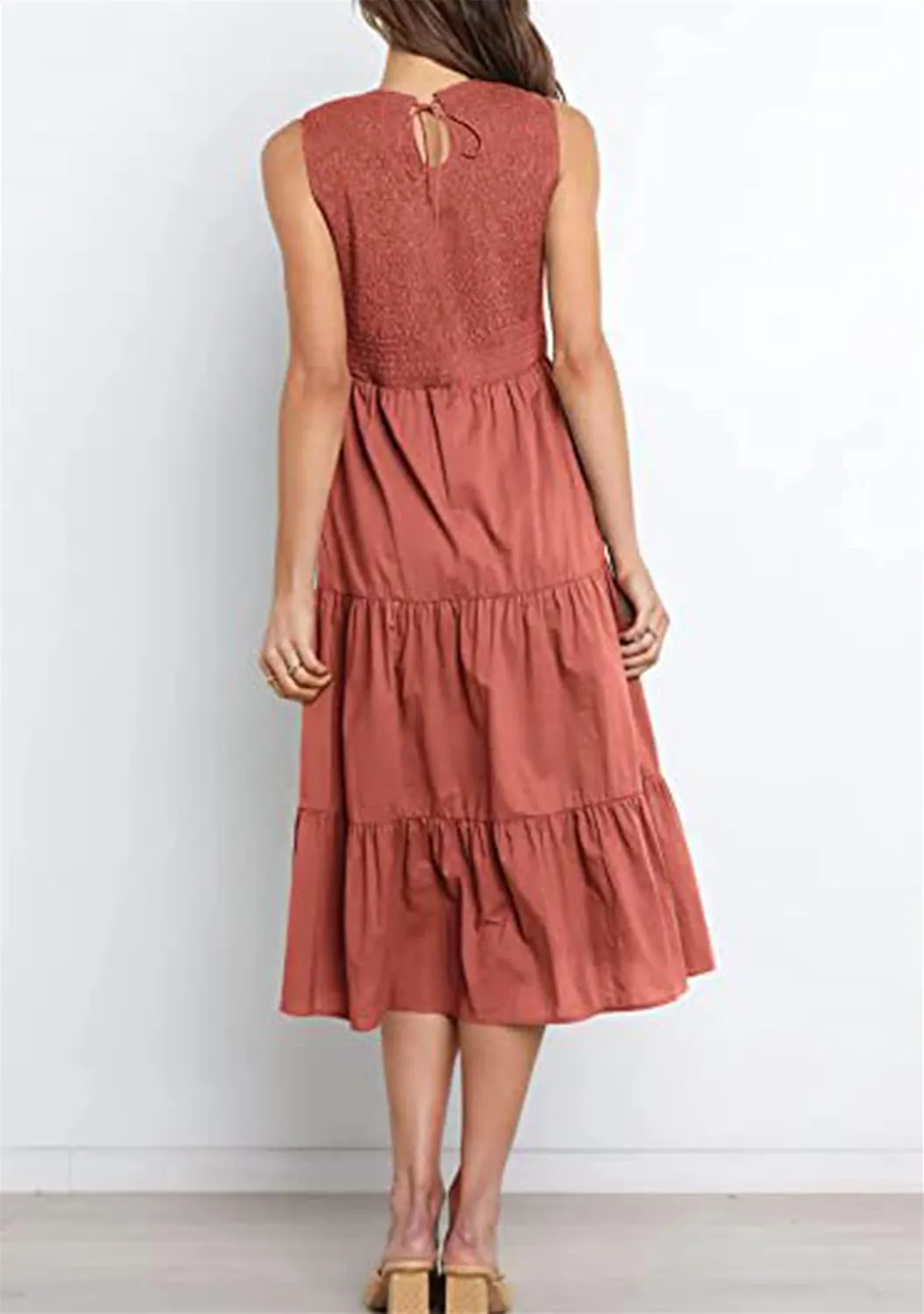 YMING Womens Summer Solid Color Swing Dress Sleeveless Smocked Sundress Beach Ruffle Tank Dresses