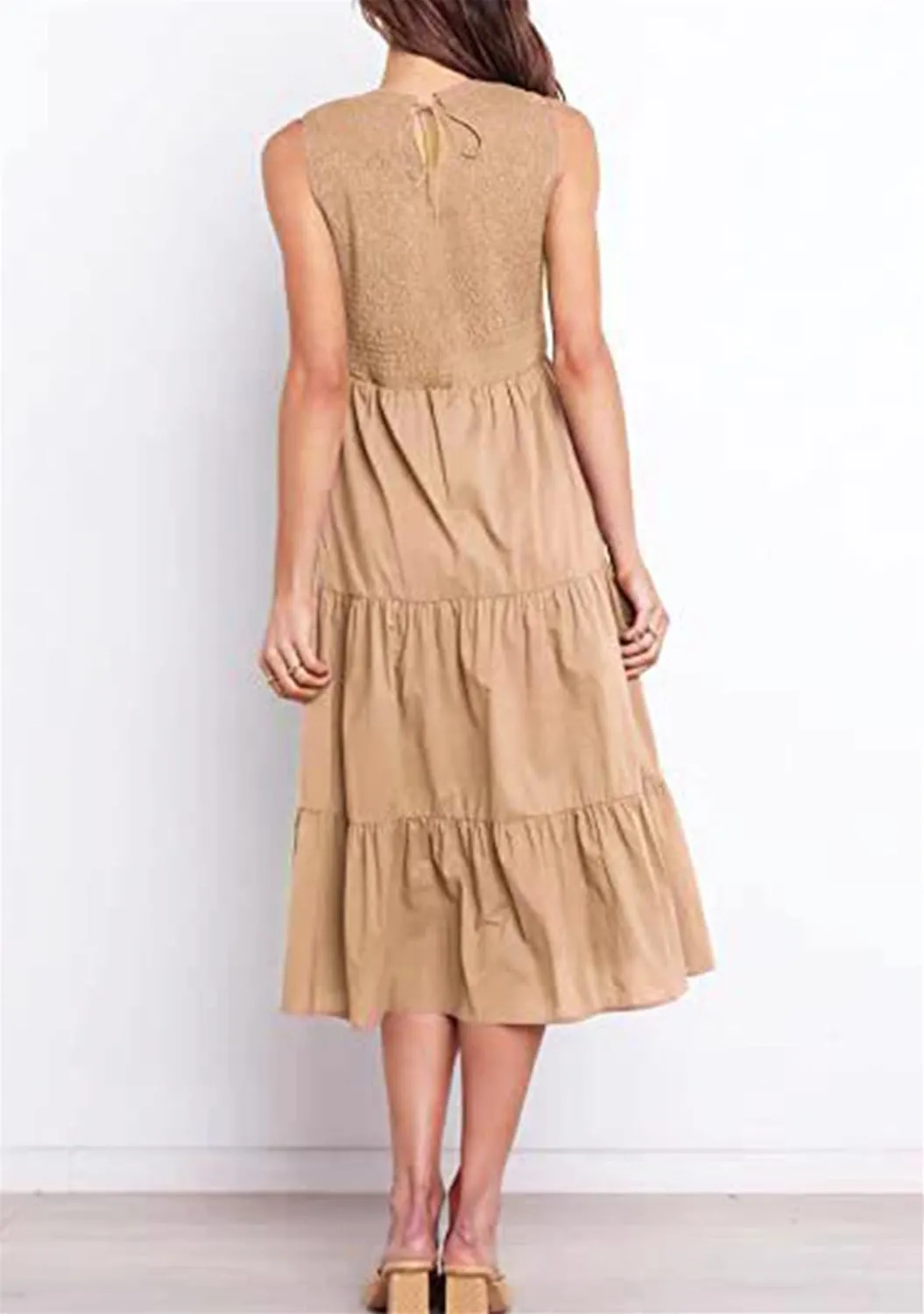 YMING Womens Summer Solid Color Swing Dress Sleeveless Smocked Sundress Beach Ruffle Tank Dresses