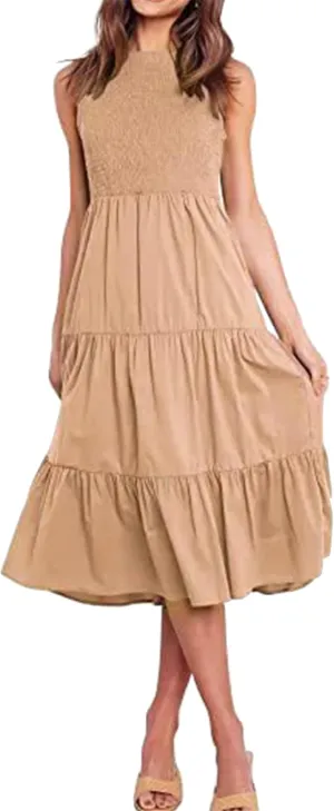 YMING Womens Summer Solid Color Swing Dress Sleeveless Smocked Sundress Beach Ruffle Tank Dresses