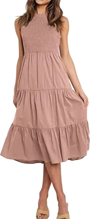 YMING Womens Summer Solid Color Swing Dress Sleeveless Smocked Sundress Beach Ruffle Tank Dresses
