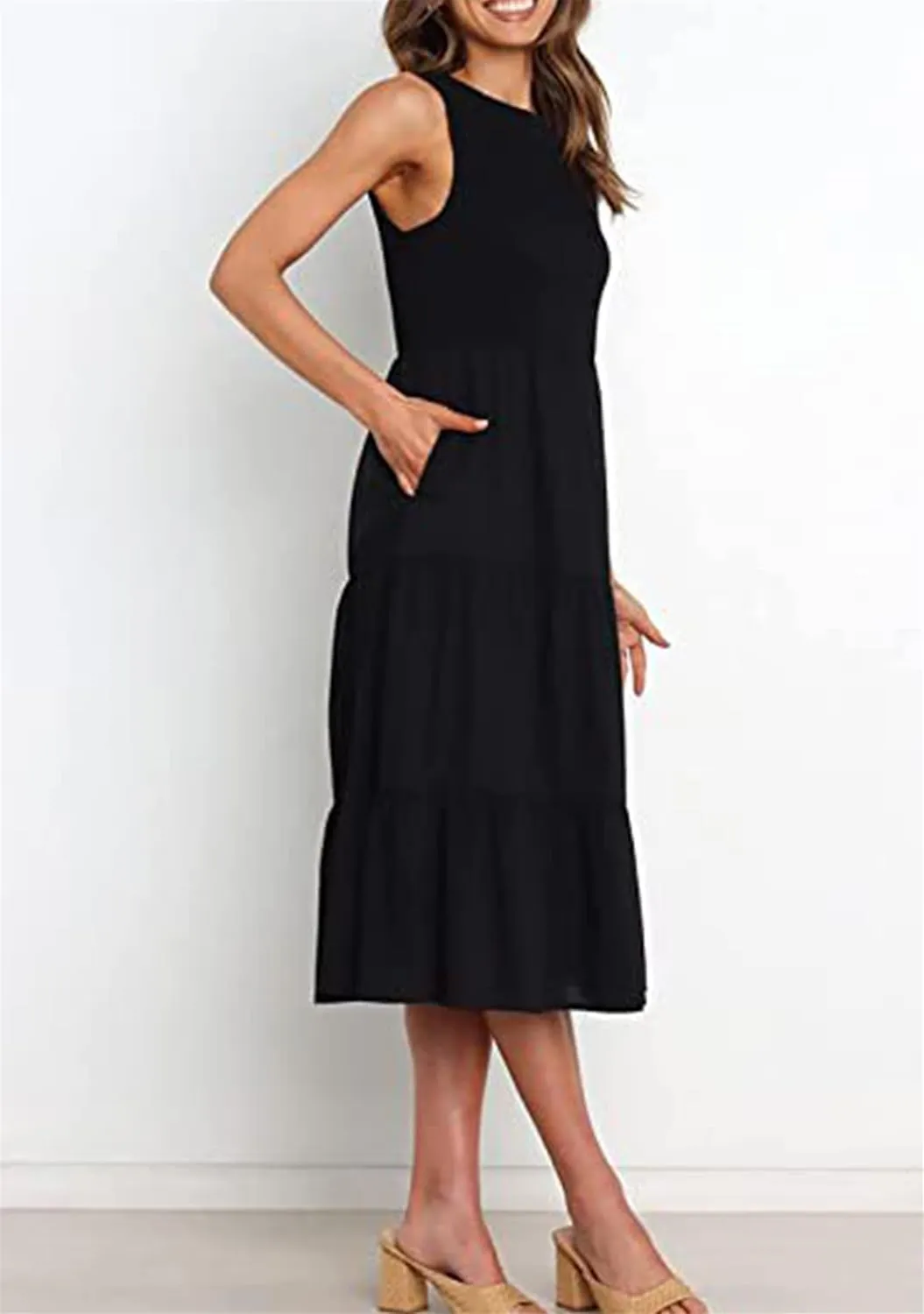 YMING Womens Summer Solid Color Swing Dress Sleeveless Smocked Sundress Beach Ruffle Tank Dresses