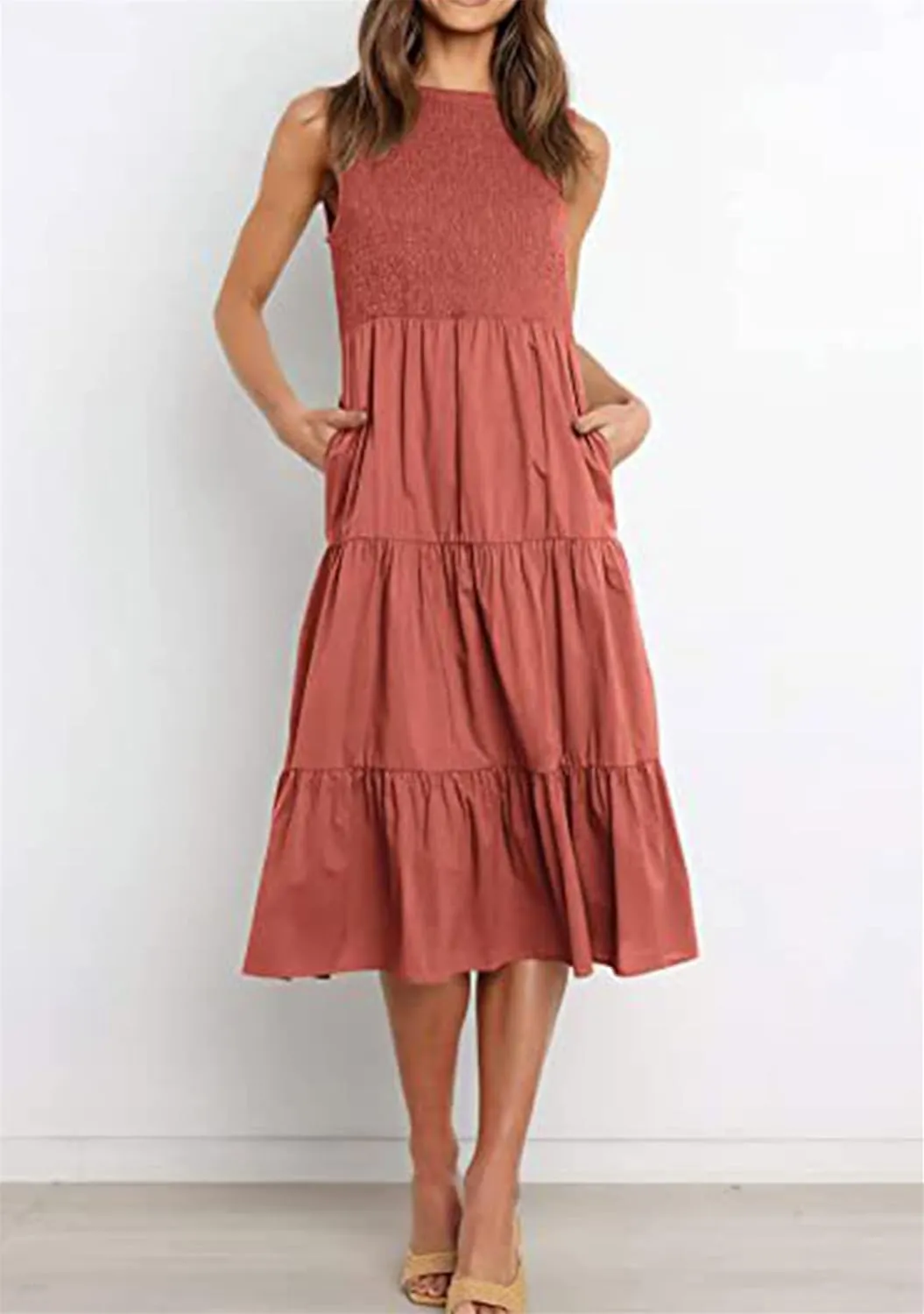 YMING Womens Summer Solid Color Swing Dress Sleeveless Smocked Sundress Beach Ruffle Tank Dresses