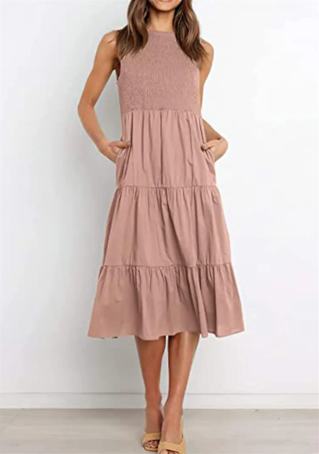 YMING Womens Summer Solid Color Swing Dress Sleeveless Smocked Sundress Beach Ruffle Tank Dresses