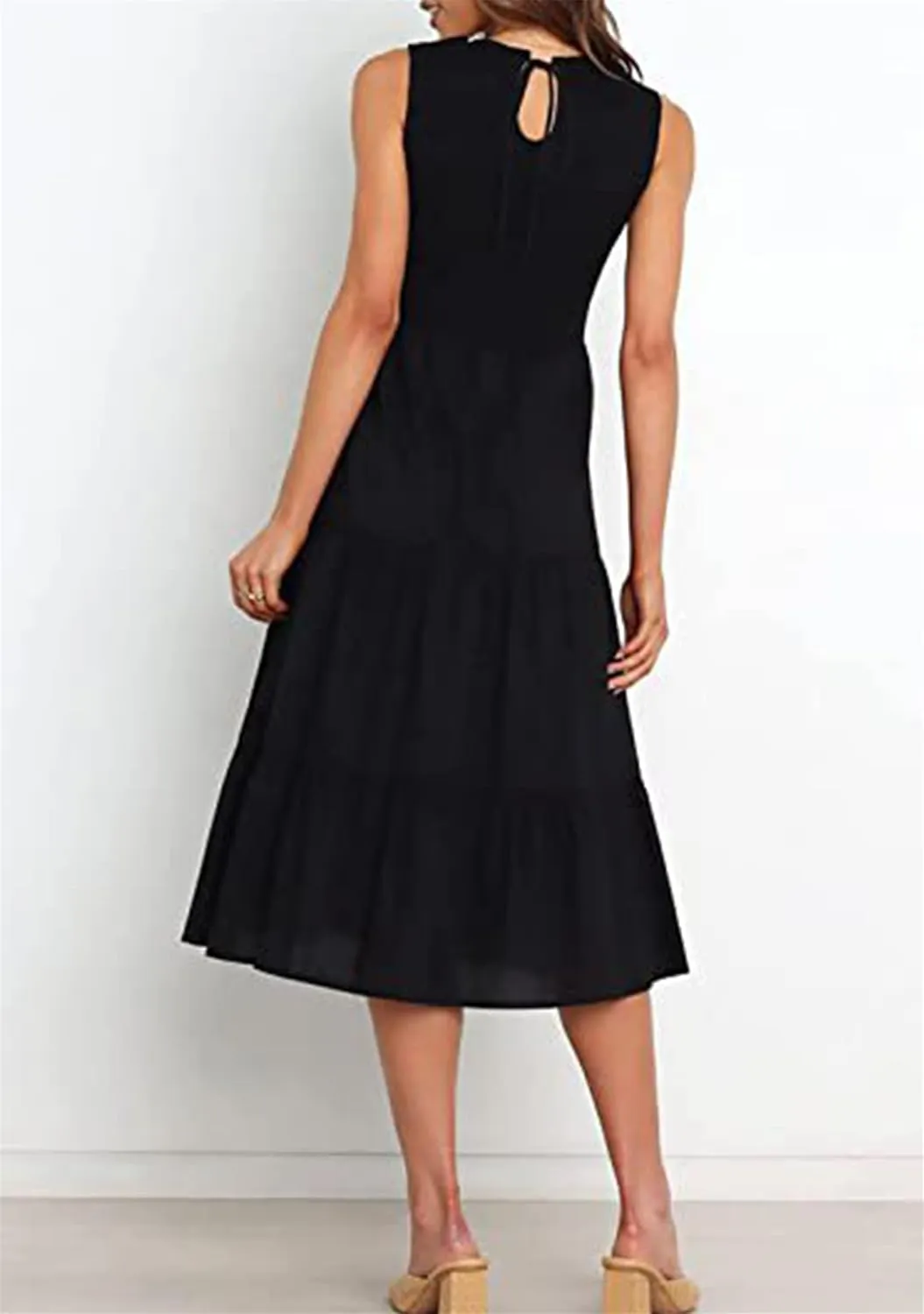 YMING Womens Summer Solid Color Swing Dress Sleeveless Smocked Sundress Beach Ruffle Tank Dresses