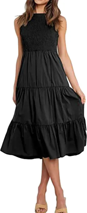 YMING Womens Summer Solid Color Swing Dress Sleeveless Smocked Sundress Beach Ruffle Tank Dresses