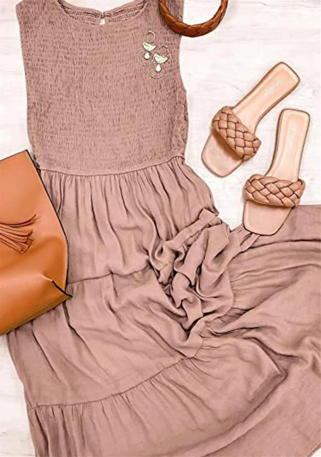 YMING Womens Summer Solid Color Swing Dress Sleeveless Smocked Sundress Beach Ruffle Tank Dresses