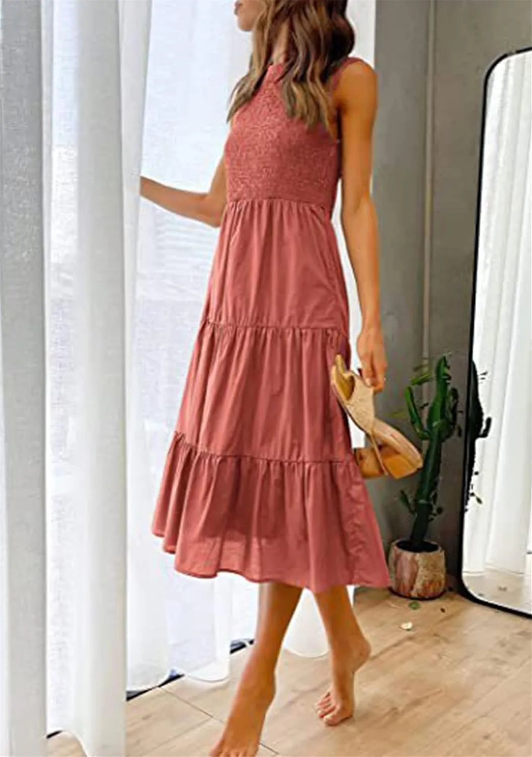 YMING Womens Summer Solid Color Swing Dress Sleeveless Smocked Sundress Beach Ruffle Tank Dresses