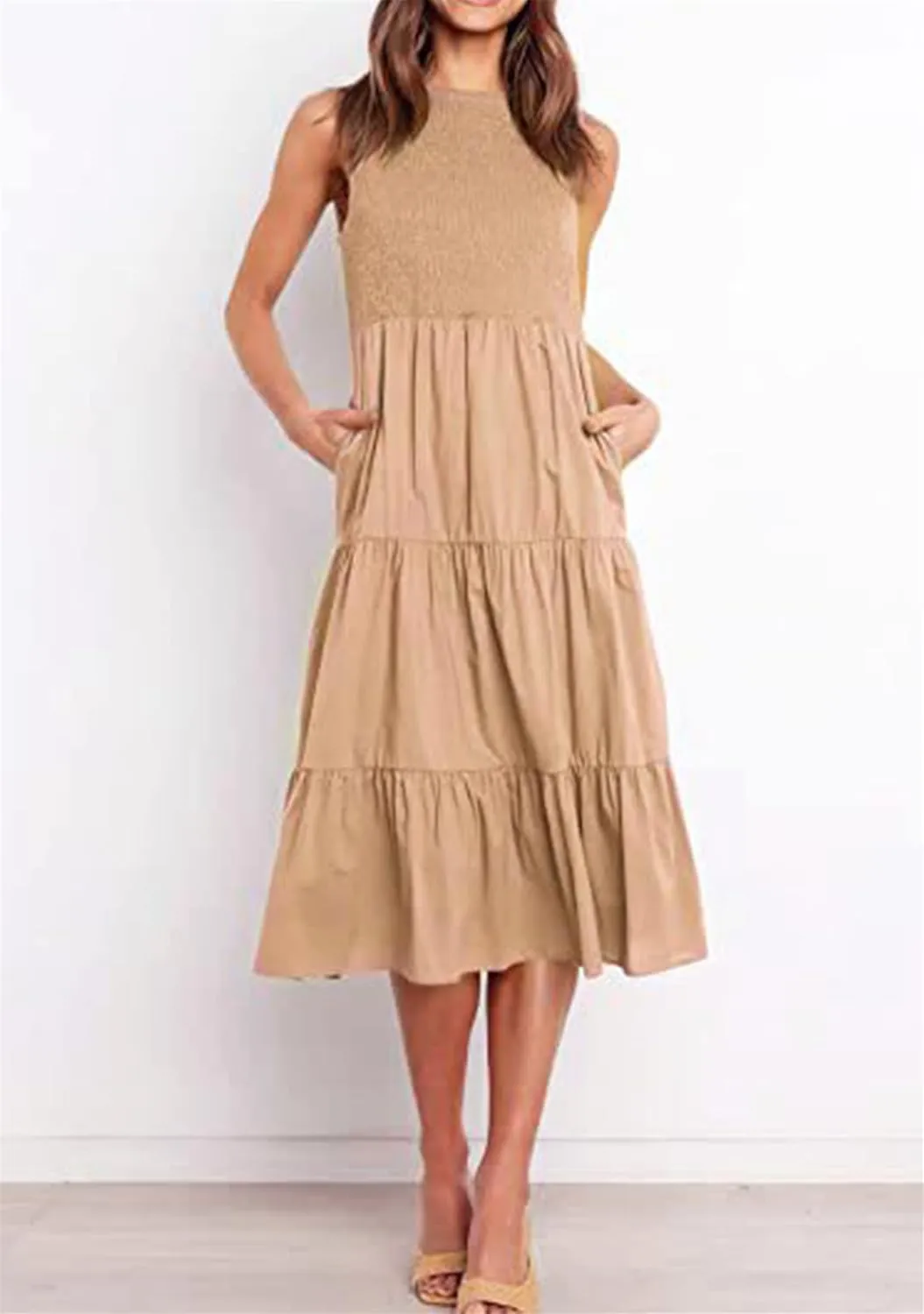 YMING Womens Summer Solid Color Swing Dress Sleeveless Smocked Sundress Beach Ruffle Tank Dresses