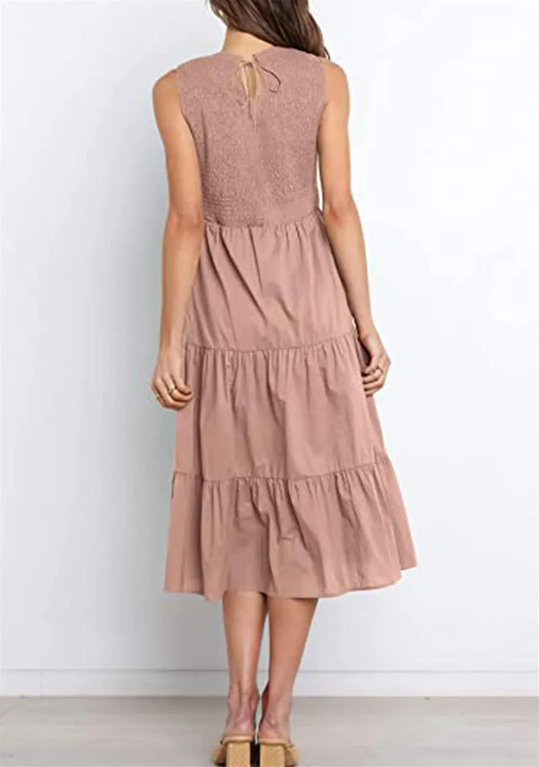 YMING Womens Summer Solid Color Swing Dress Sleeveless Smocked Sundress Beach Ruffle Tank Dresses
