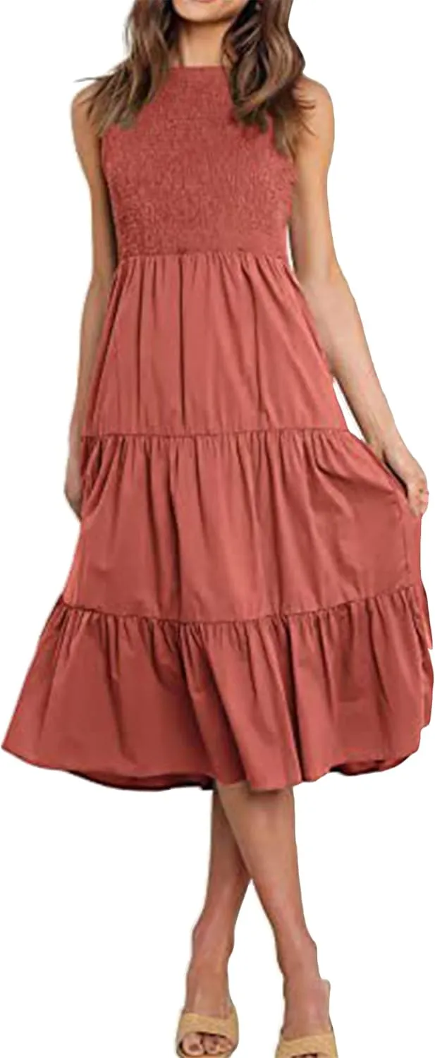 YMING Womens Summer Solid Color Swing Dress Sleeveless Smocked Sundress Beach Ruffle Tank Dresses