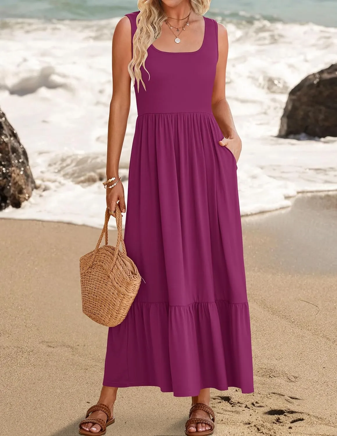 ZESICA Women's 2025 Summer Sleeveless Dress Square Neck Pleated Swing Casual Maxi Dresses with Pockets
