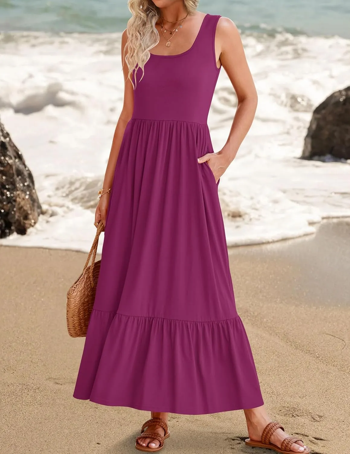 ZESICA Women's 2025 Summer Sleeveless Dress Square Neck Pleated Swing Casual Maxi Dresses with Pockets
