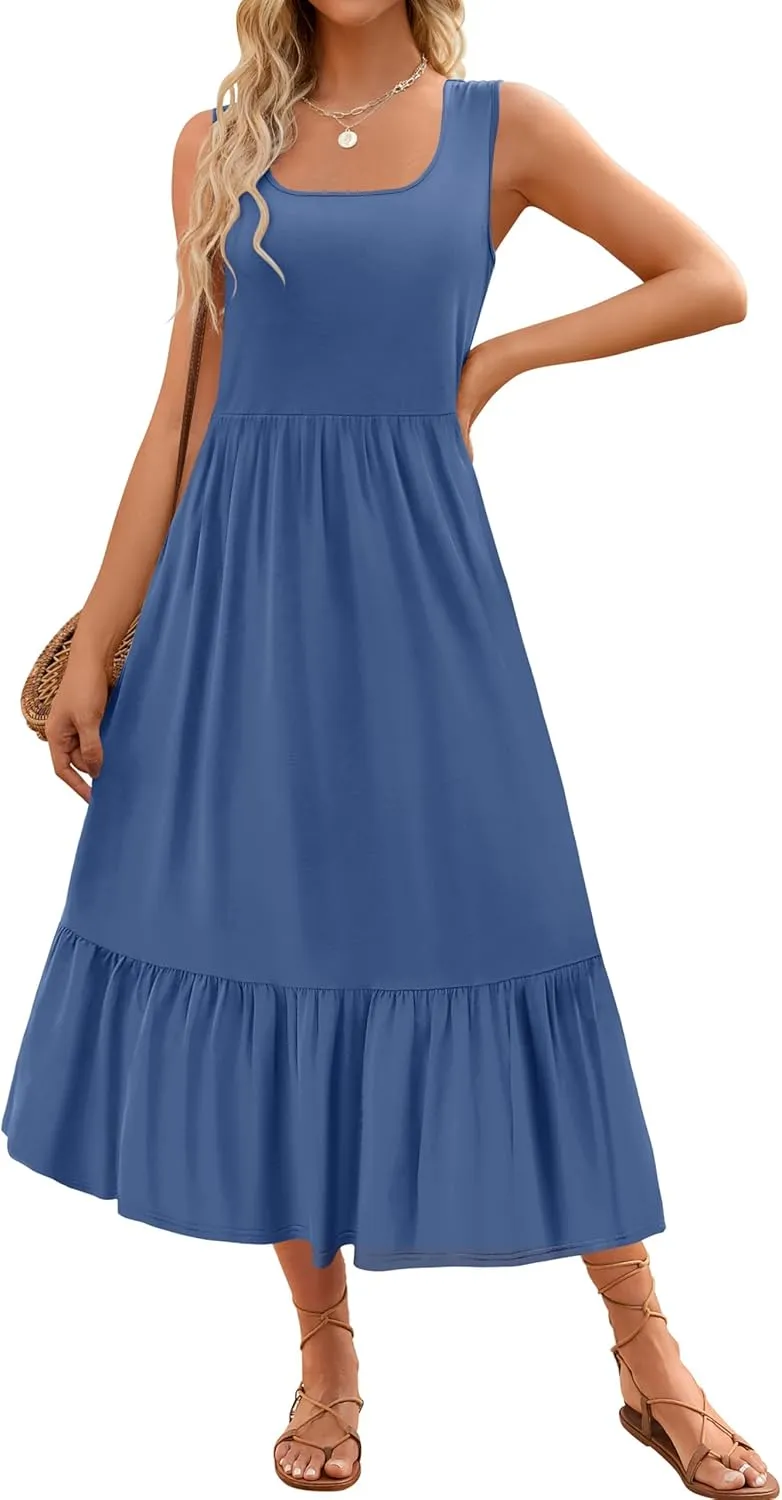 ZESICA Women's 2025 Summer Sleeveless Dress Square Neck Pleated Swing Casual Maxi Dresses with Pockets