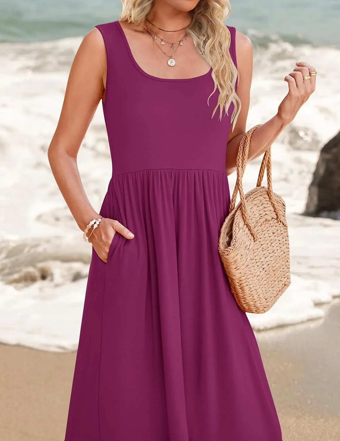 ZESICA Women's 2025 Summer Sleeveless Dress Square Neck Pleated Swing Casual Maxi Dresses with Pockets