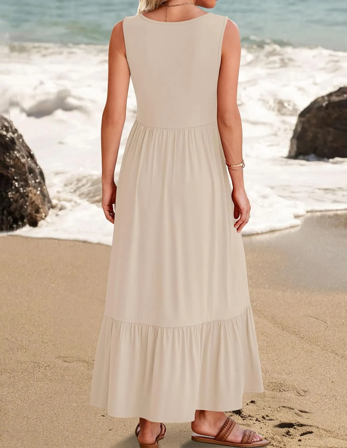 ZESICA Women's 2025 Summer Sleeveless Dress Square Neck Pleated Swing Casual Maxi Dresses with Pockets