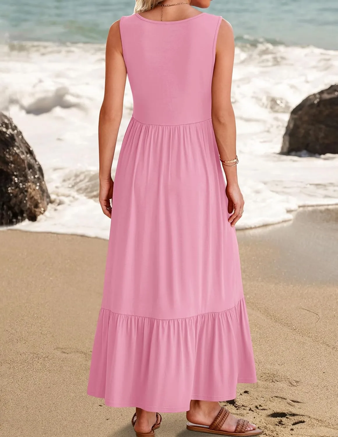 ZESICA Women's 2025 Summer Sleeveless Dress Square Neck Pleated Swing Casual Maxi Dresses with Pockets