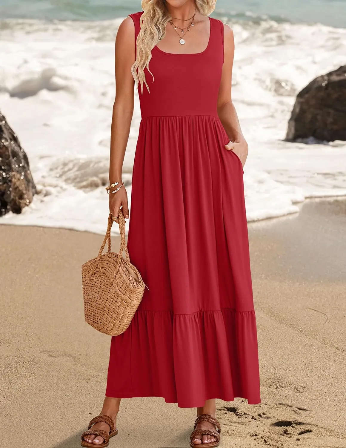 ZESICA Women's 2025 Summer Sleeveless Dress Square Neck Pleated Swing Casual Maxi Dresses with Pockets