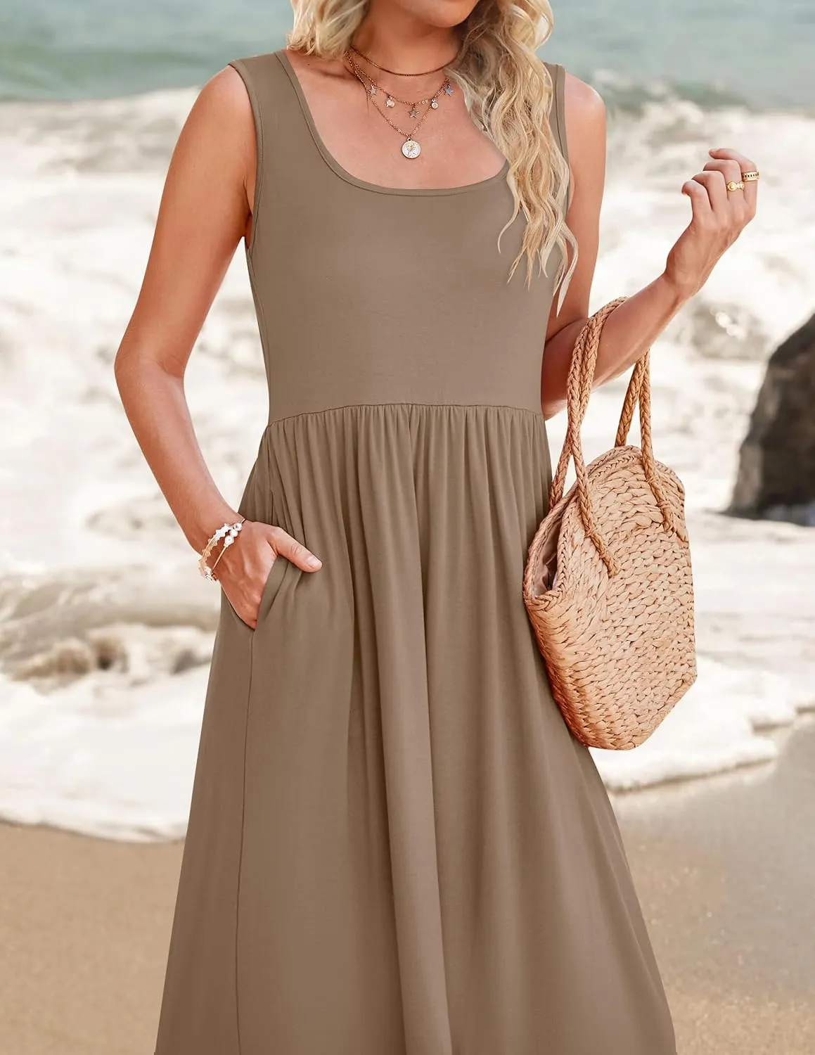 ZESICA Women's 2025 Summer Sleeveless Dress Square Neck Pleated Swing Casual Maxi Dresses with Pockets
