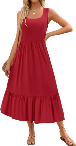 ZESICA Women's 2025 Summer Sleeveless Dress Square Neck Pleated Swing Casual Maxi Dresses with Pockets