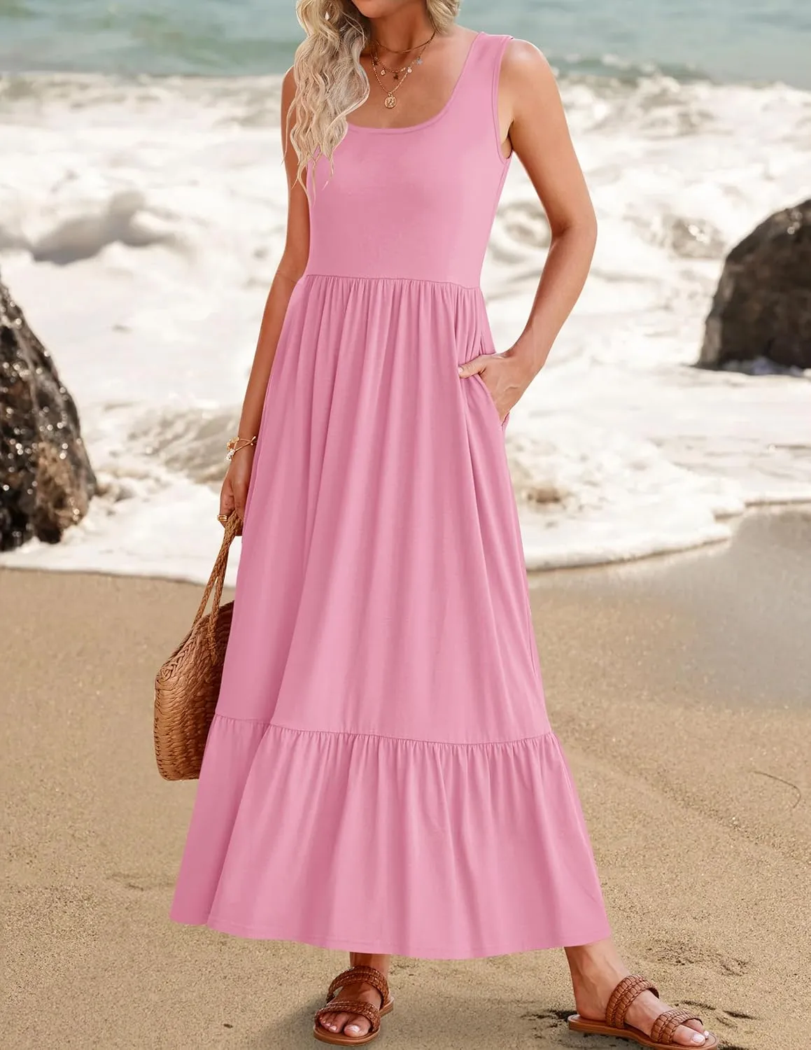 ZESICA Women's 2025 Summer Sleeveless Dress Square Neck Pleated Swing Casual Maxi Dresses with Pockets