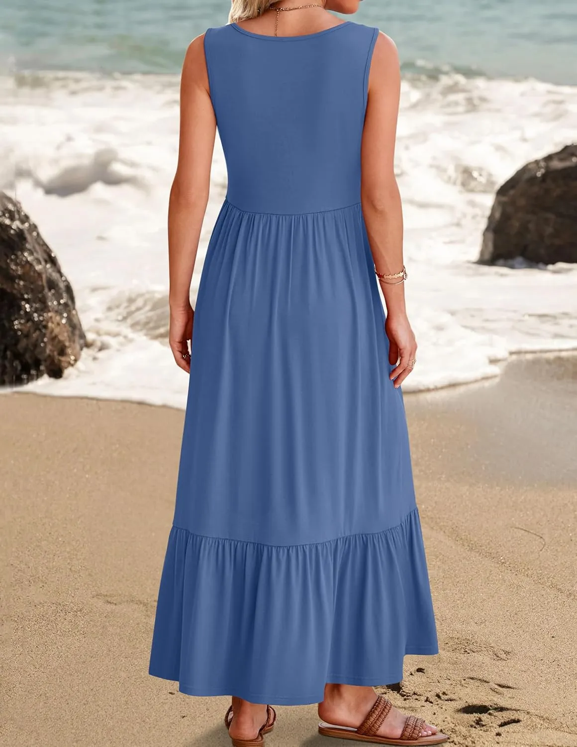 ZESICA Women's 2025 Summer Sleeveless Dress Square Neck Pleated Swing Casual Maxi Dresses with Pockets