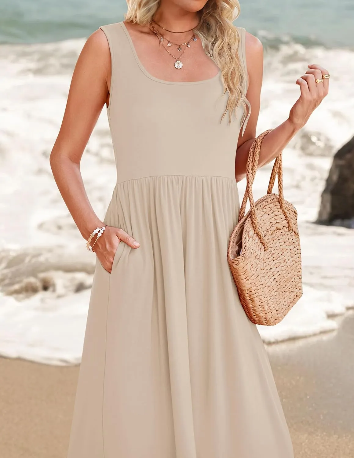 ZESICA Women's 2025 Summer Sleeveless Dress Square Neck Pleated Swing Casual Maxi Dresses with Pockets