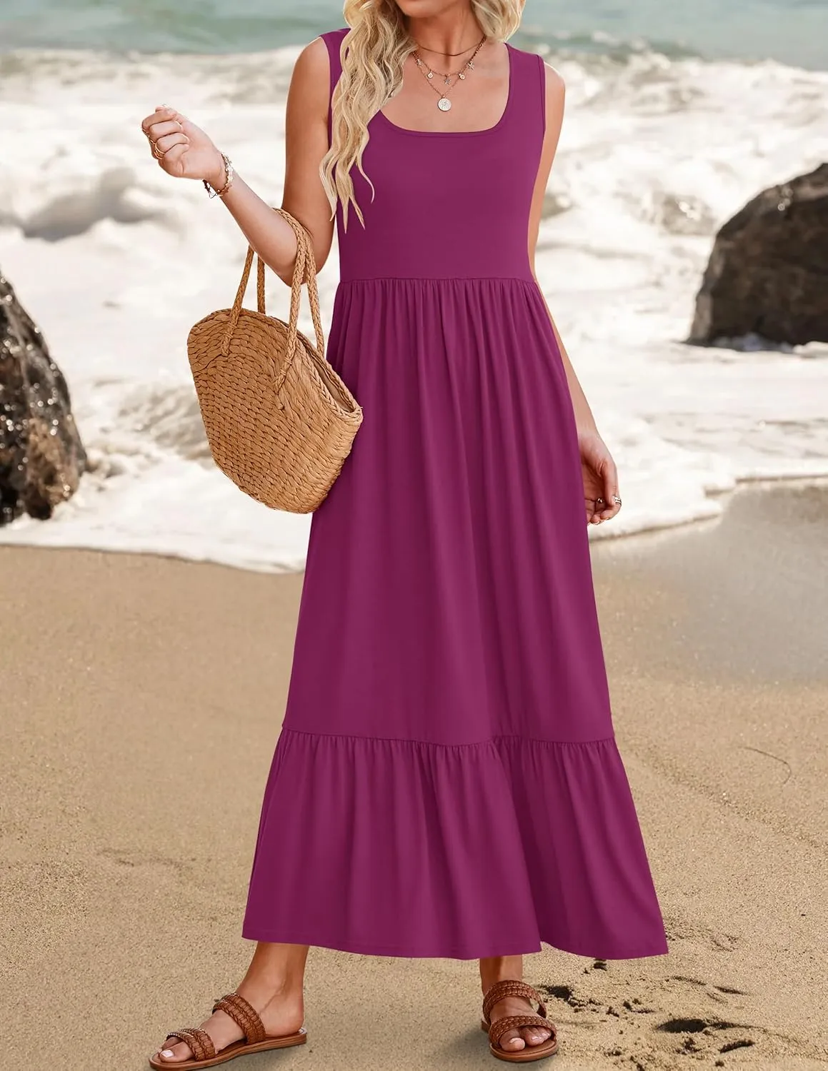 ZESICA Women's 2025 Summer Sleeveless Dress Square Neck Pleated Swing Casual Maxi Dresses with Pockets