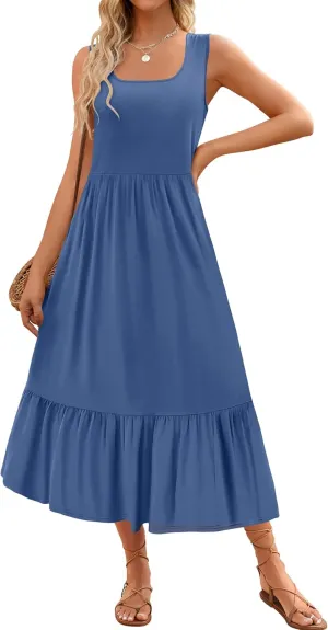 ZESICA Women's 2025 Summer Sleeveless Dress Square Neck Pleated Swing Casual Maxi Dresses with Pockets