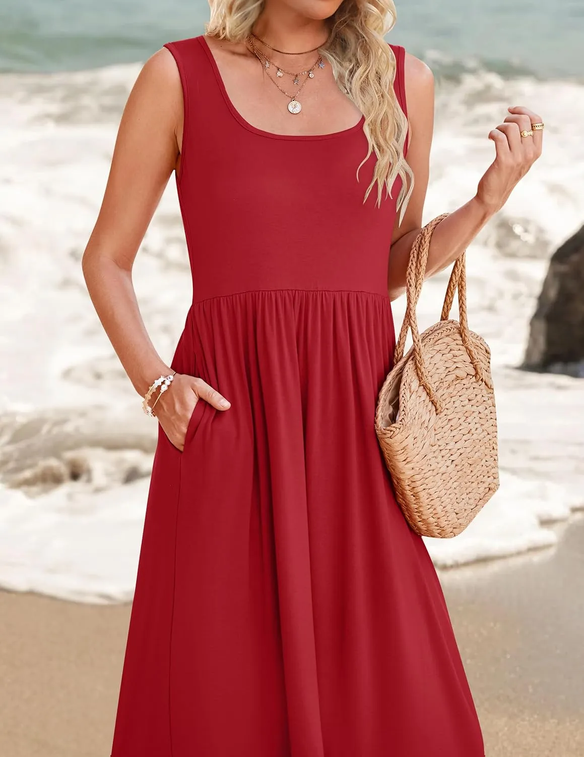 ZESICA Women's 2025 Summer Sleeveless Dress Square Neck Pleated Swing Casual Maxi Dresses with Pockets