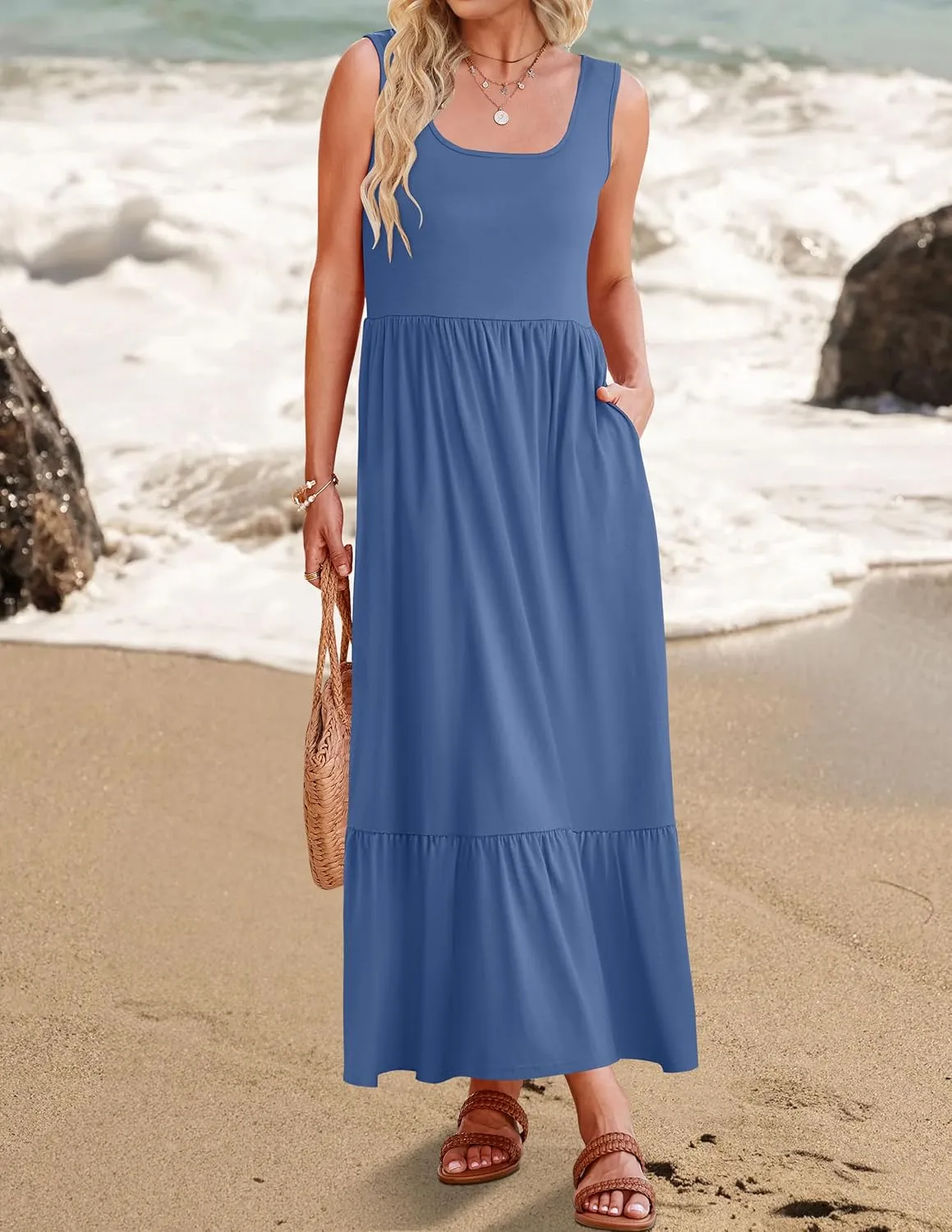 ZESICA Women's 2025 Summer Sleeveless Dress Square Neck Pleated Swing Casual Maxi Dresses with Pockets