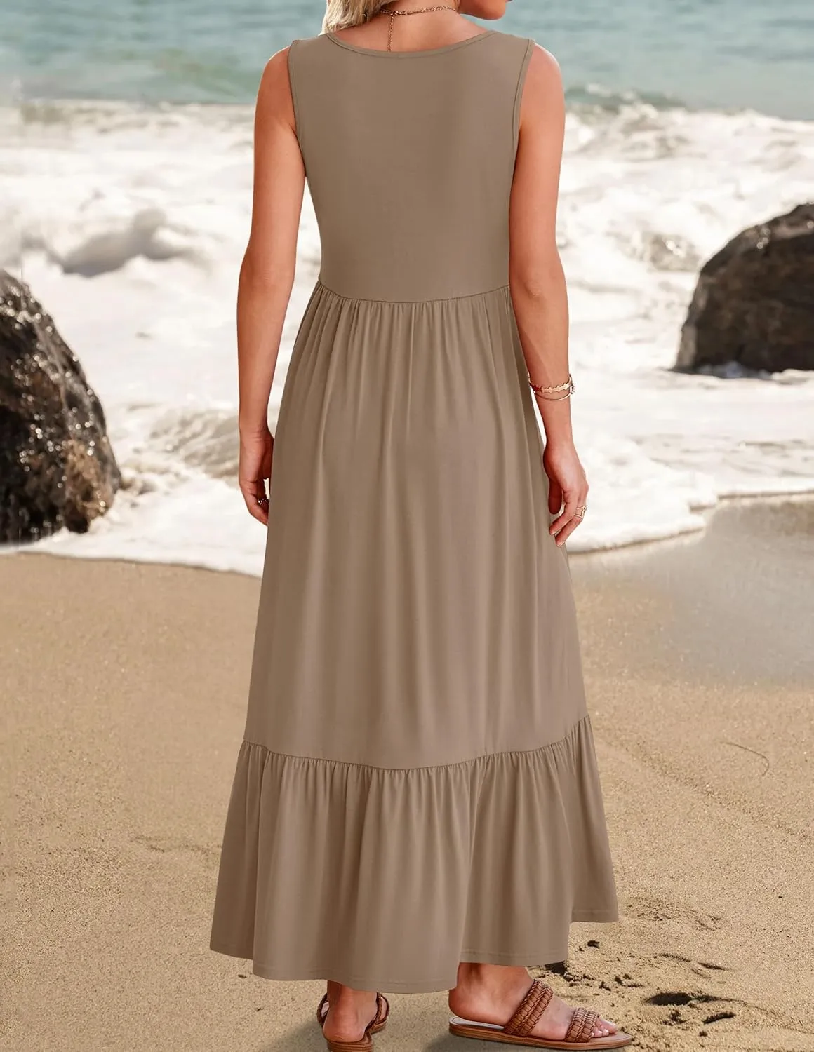 ZESICA Women's 2025 Summer Sleeveless Dress Square Neck Pleated Swing Casual Maxi Dresses with Pockets