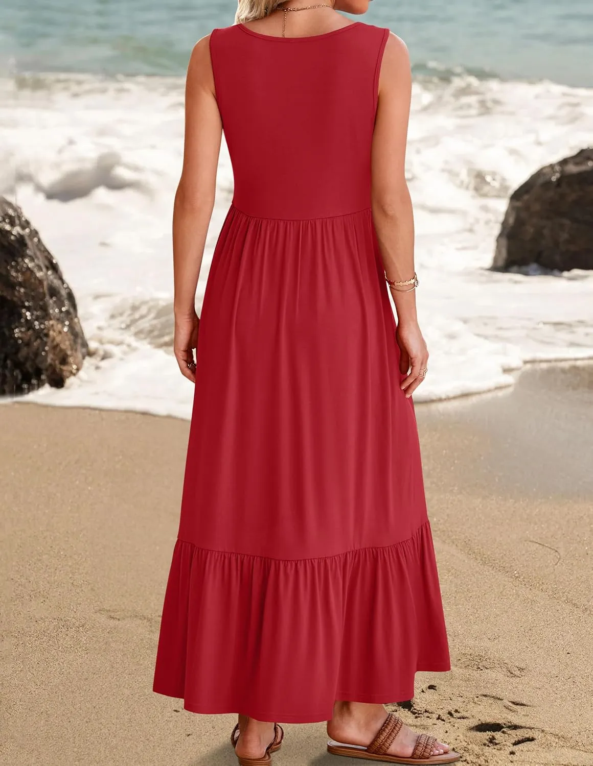 ZESICA Women's 2025 Summer Sleeveless Dress Square Neck Pleated Swing Casual Maxi Dresses with Pockets